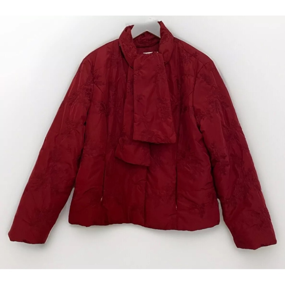 COLDWATER CREEK Womens Embroidered Red Puffer Sz 16 Cottagecore Boho Jacket